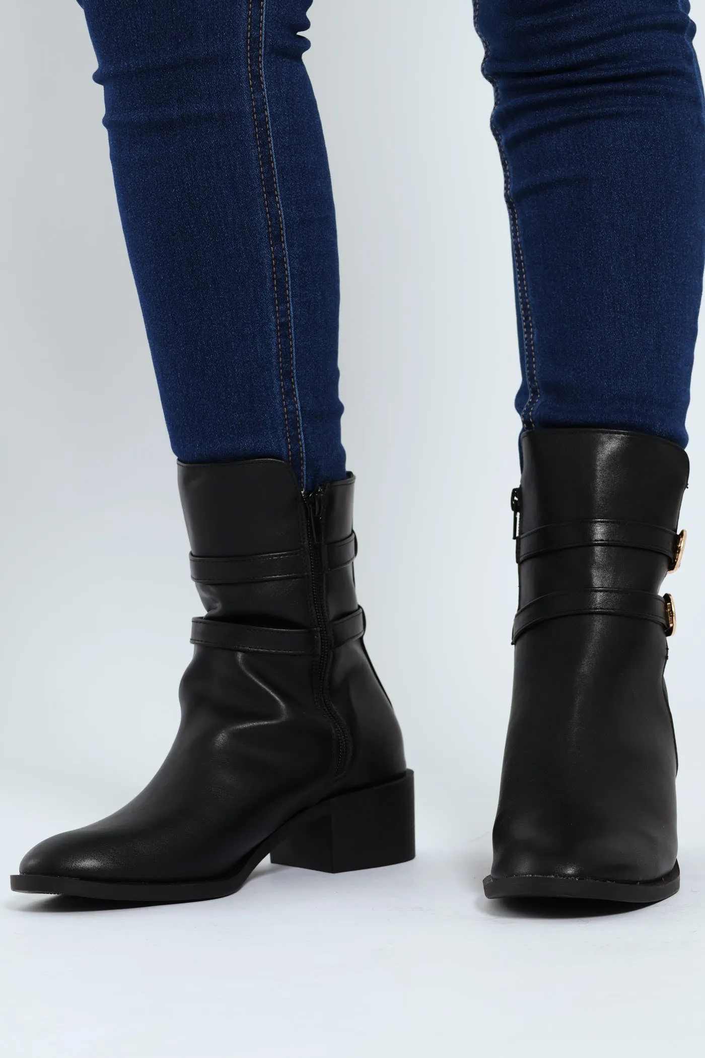 Flat Ankle Buckle Boot - Black
