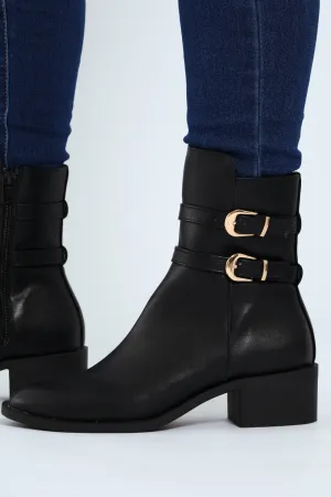 Flat Ankle Buckle Boot - Black