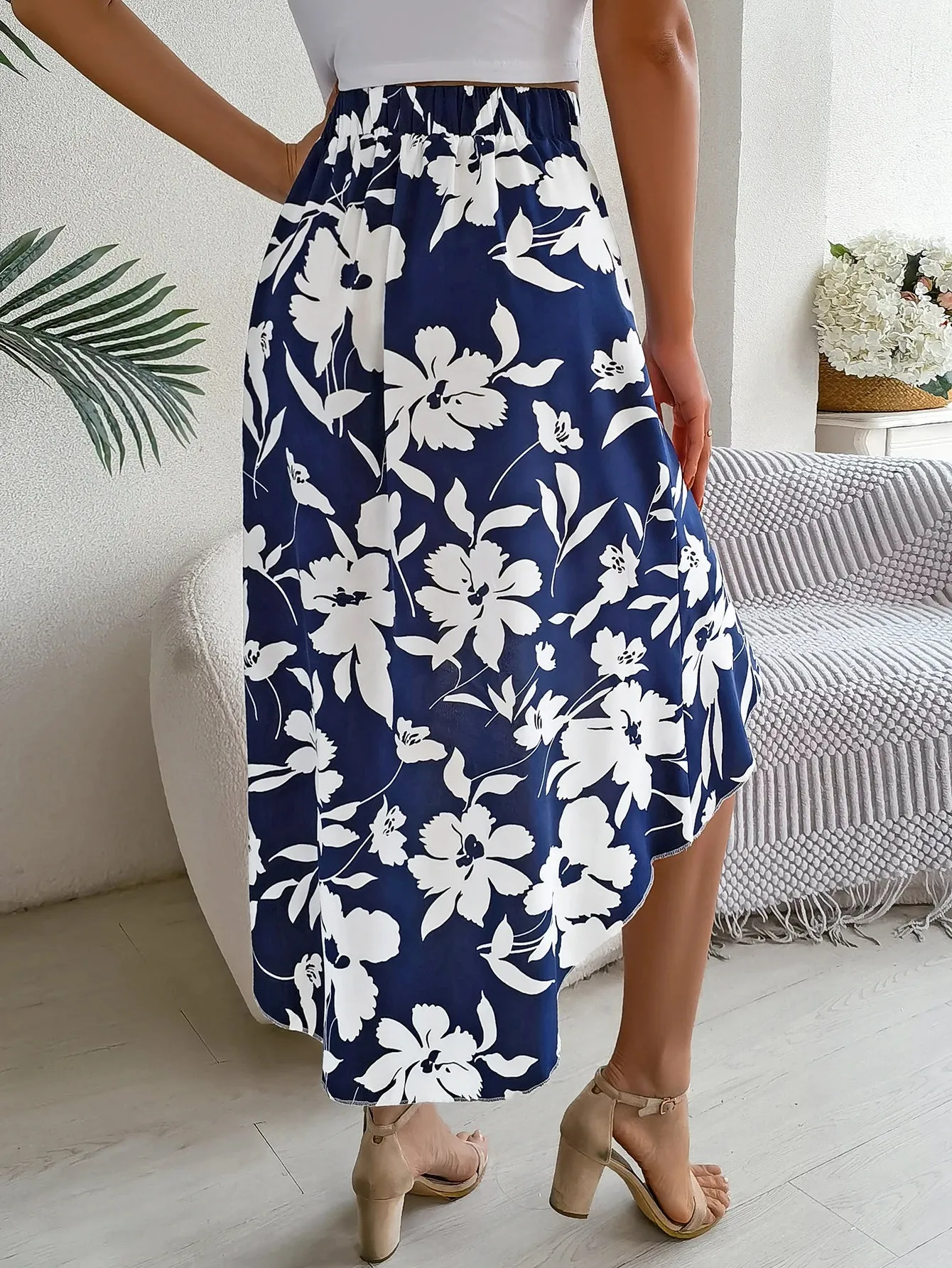 Floral High-Low Midi Skirt