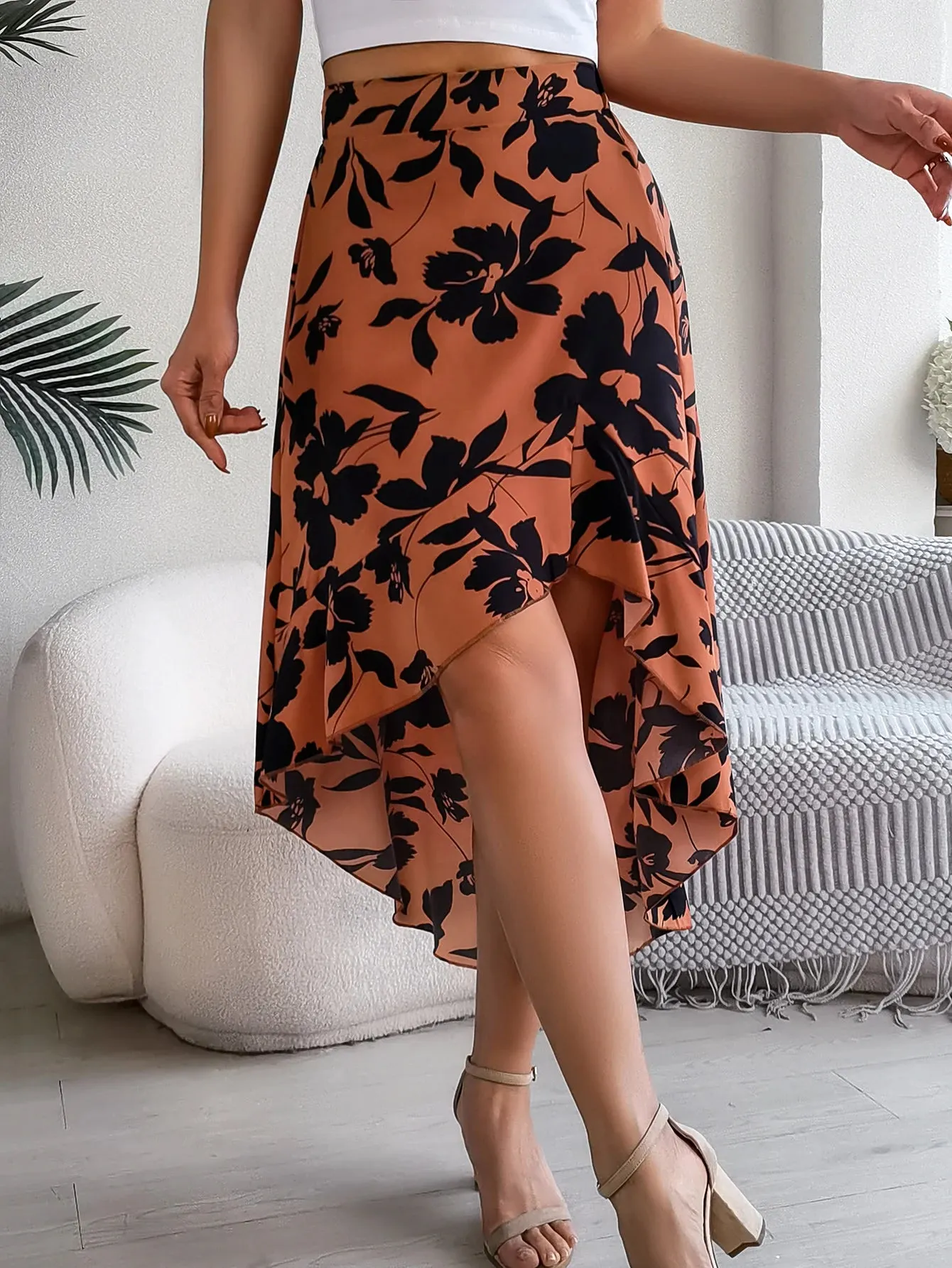 Floral High-Low Midi Skirt