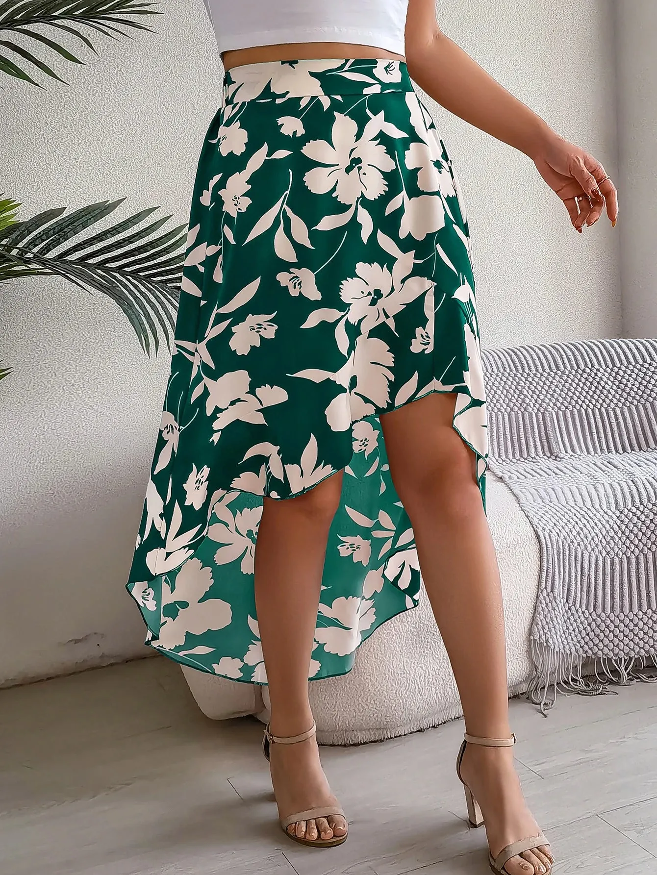 Floral High-Low Midi Skirt