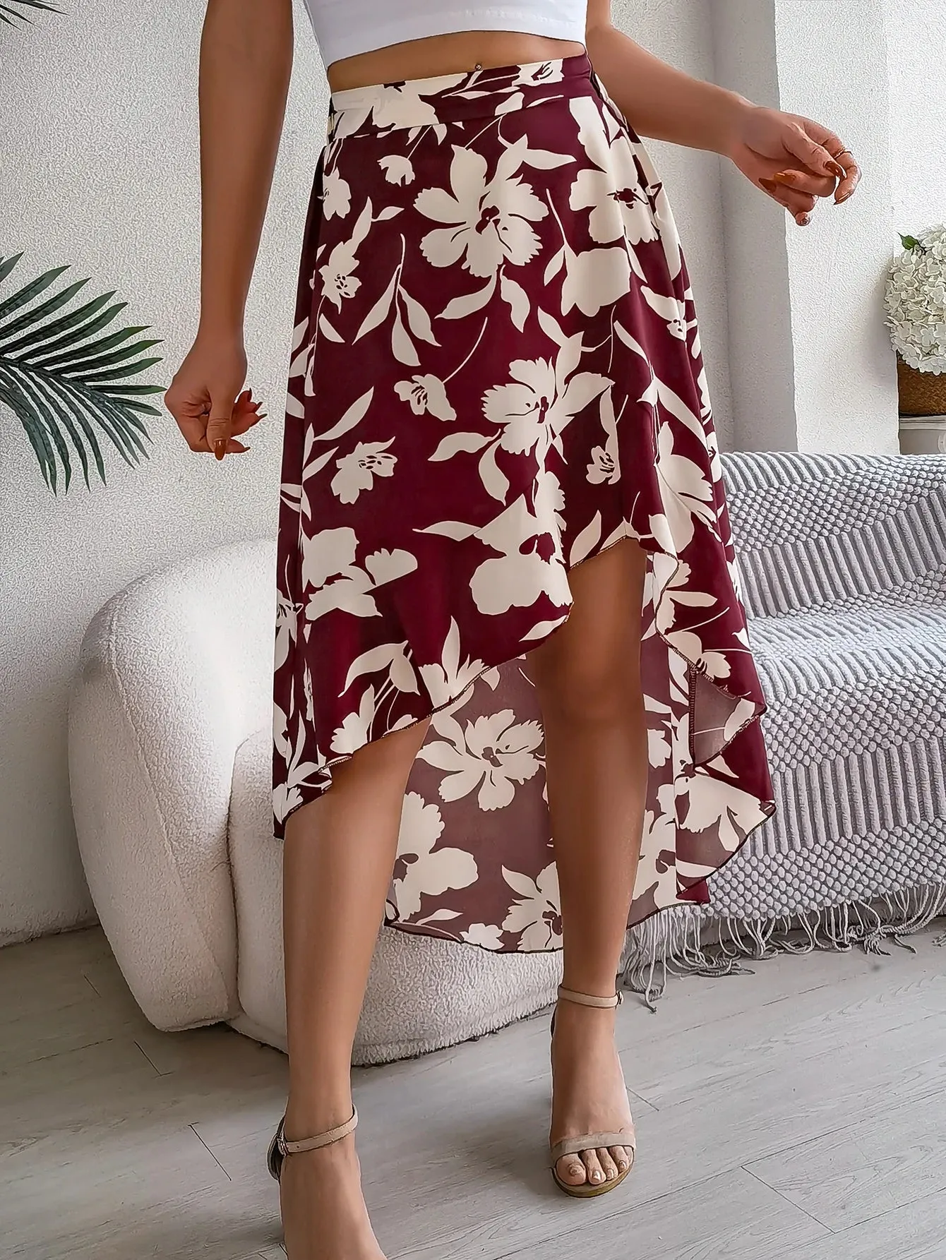 Floral High-Low Midi Skirt