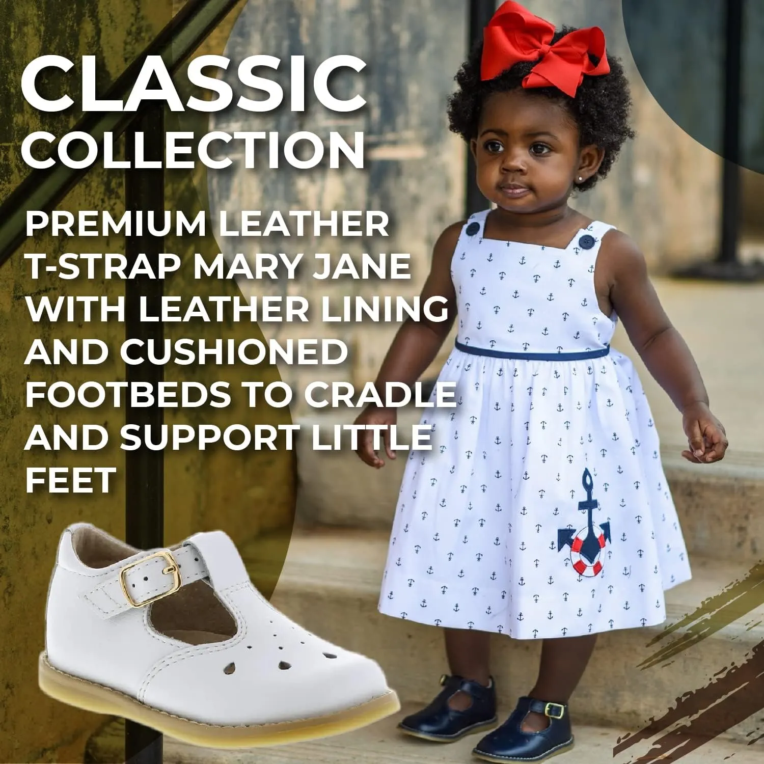 FOOTMATES Harper Mary Jane T-Strap Girls Flat Leather Walking Shoes with Custom-Fit Insoles, Slip-Resistant Non-Marking Outsoles - for Toddlers and Little Kids, Ages 1-8