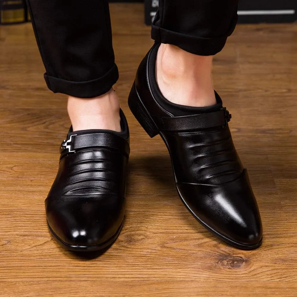 Formal Dress Shoes for Men Slip On Cap Toe Pleated PU Leather Non Slip Rubber Sole Anti-Slip Low Top Working