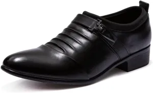Formal Dress Shoes for Men Slip On Cap Toe Pleated PU Leather Non Slip Rubber Sole Anti-Slip Low Top Working