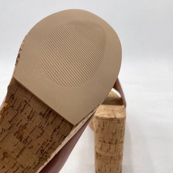FOWT Brown Cork High Chunky Heel Backless Mule Platform Open Toe Vacation Sandal