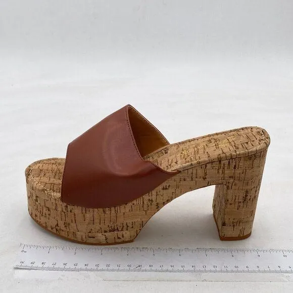 FOWT Brown Cork High Chunky Heel Backless Mule Platform Open Toe Vacation Sandal