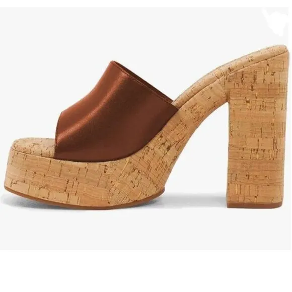 FOWT Brown Cork High Chunky Heel Backless Mule Platform Open Toe Vacation Sandal