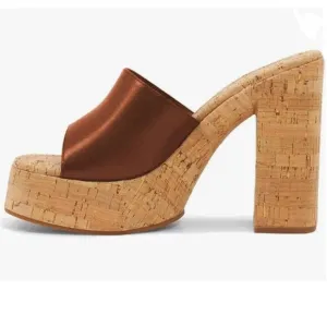 FOWT Brown Cork High Chunky Heel Backless Mule Platform Open Toe Vacation Sandal