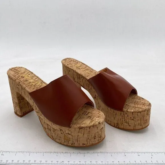 FOWT Brown Cork High Chunky Heel Backless Mule Platform Open Toe Vacation Sandal