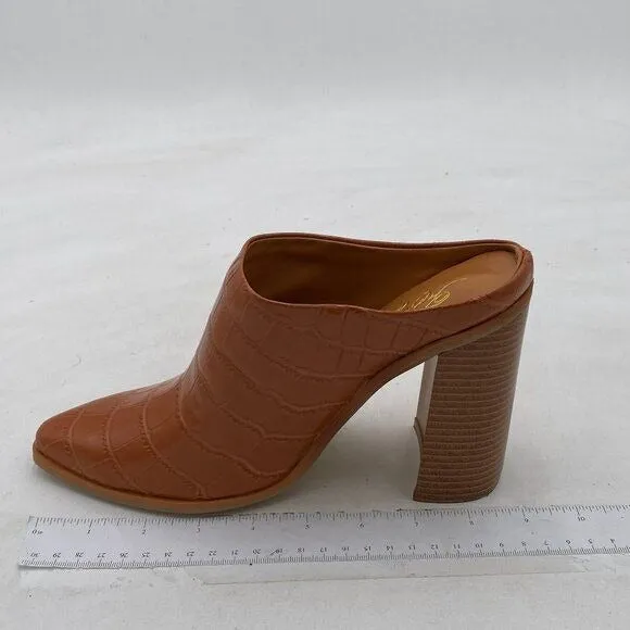 FOWT Brown Crocodile Embossed Mule Chunky Heel Slipper Pointed Toe Sandals