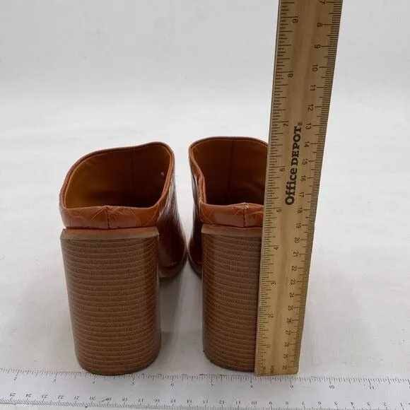 FOWT Brown Crocodile Embossed Mule Chunky Heel Slipper Pointed Toe Sandals