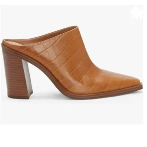FOWT Brown Crocodile Embossed Mule Chunky Heel Slipper Pointed Toe Sandals