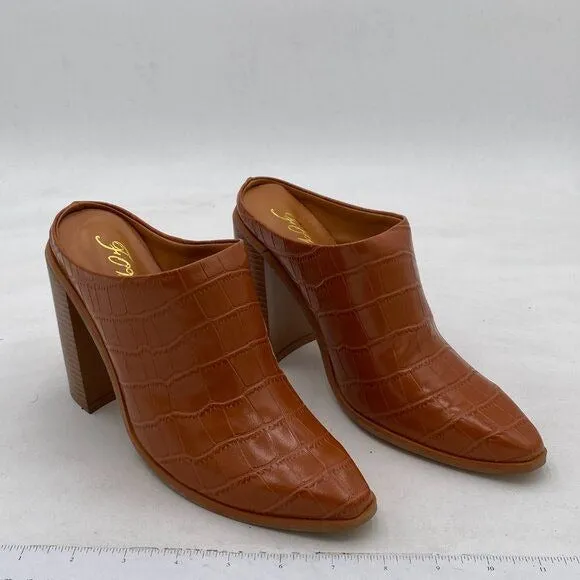 FOWT Brown Crocodile Embossed Mule Chunky Heel Slipper Pointed Toe Sandals