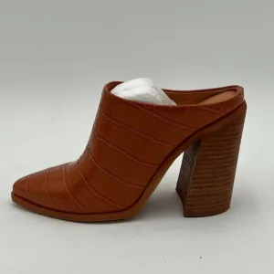 FOWT Brown Crocodile Embossed Mule Chunky Stacked Heel Slippers Pointed Toe Shoe