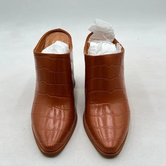FOWT Brown Crocodile Embossed Mule Chunky Stacked Heel Slippers Pointed Toe Shoe