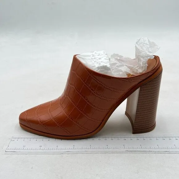 FOWT Brown Crocodile Embossed Mule Chunky Stacked Heel Slippers Pointed Toe Shoe