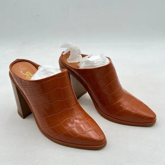 FOWT Brown Crocodile Embossed Mule Chunky Stacked Heel Slippers Pointed Toe Shoe