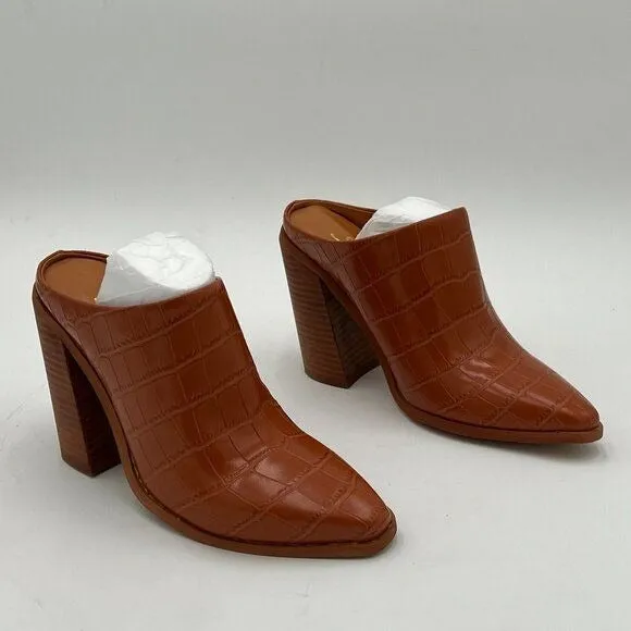 FOWT Brown Crocodile Embossed Mule Chunky Stacked Heel Slippers Pointed Toe Shoe