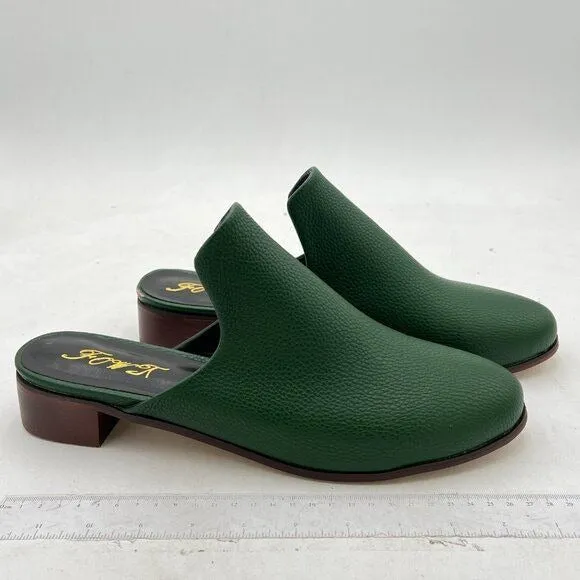 FOWT Darkgreen Closed Toe Mule Slip On Loafer Low Chunky Heel Slides Slippers