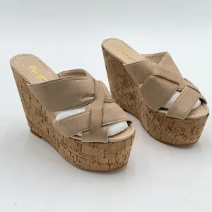 FOWT Nude Cork Wedge Heel Backless Mule Platform Open Toe Sandal Vacation Shoe