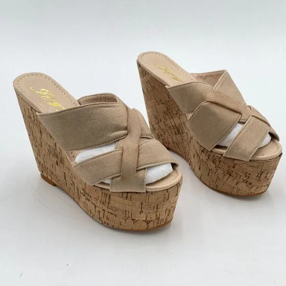 FOWT Nude Cork Wedge Heel Backless Mule Platform Open Toe Sandal Vacation Shoe