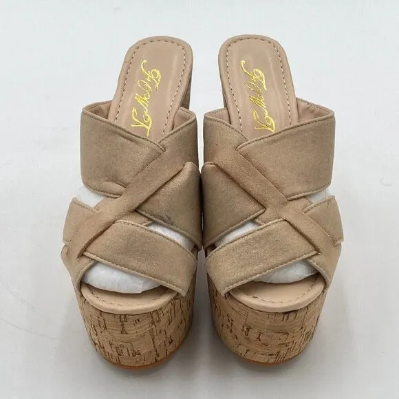 FOWT Nude Cork Wedge Heel Backless Mule Platform Open Toe Sandal Vacation Shoe