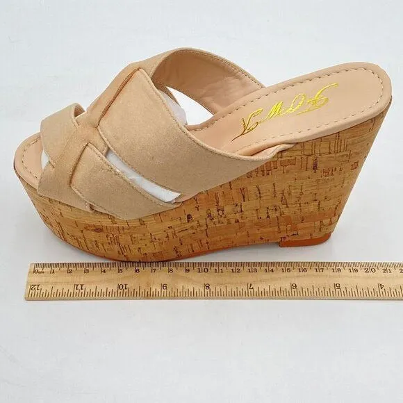 FOWT Nude Cork Wedge Heel Backless Mule Platform Open Toe Sandal Vacation Shoe