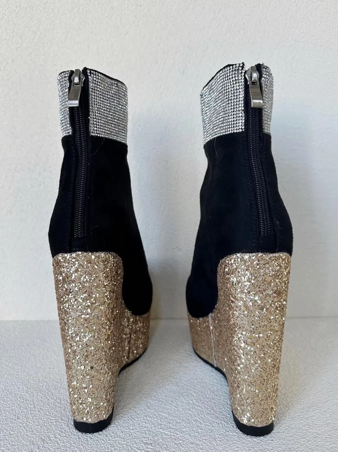 Frankie Hsu Handmade Platform Wedge Bootie, Black Suede Gold Glitter Rhinestone High Heeled Designer, Large Big Size US5-19 Unisex Shoes For Women Men