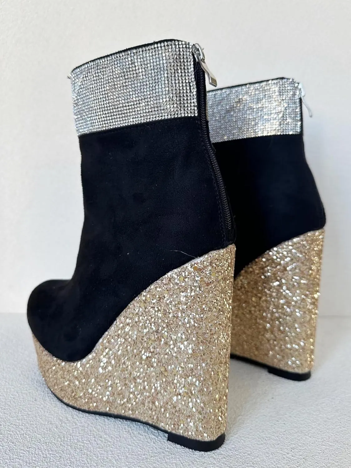 Frankie Hsu Handmade Platform Wedge Bootie, Black Suede Gold Glitter Rhinestone High Heeled Designer, Large Big Size US5-19 Unisex Shoes For Women Men