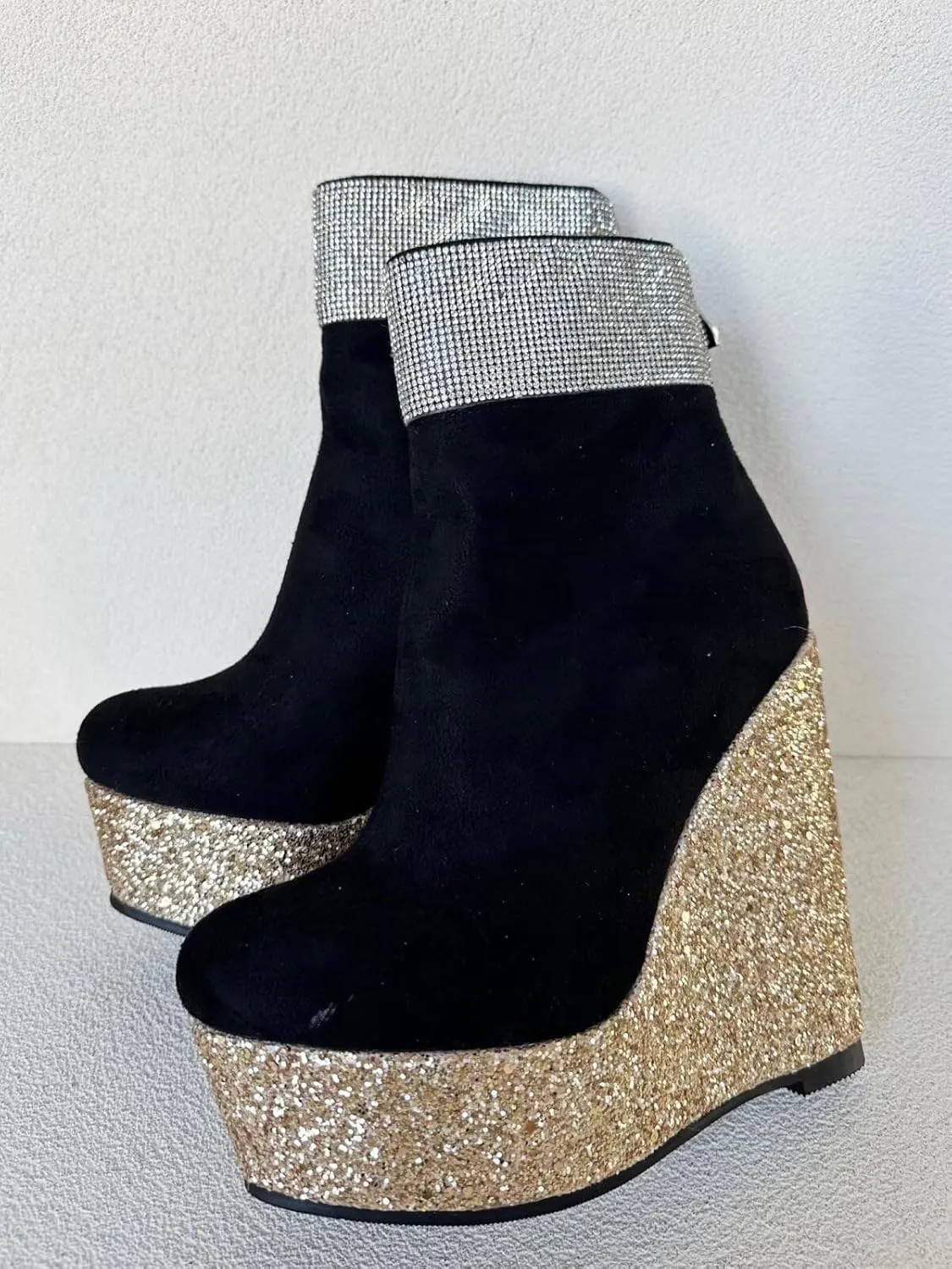 Frankie Hsu Handmade Platform Wedge Bootie, Black Suede Gold Glitter Rhinestone High Heeled Designer, Large Big Size US5-19 Unisex Shoes For Women Men