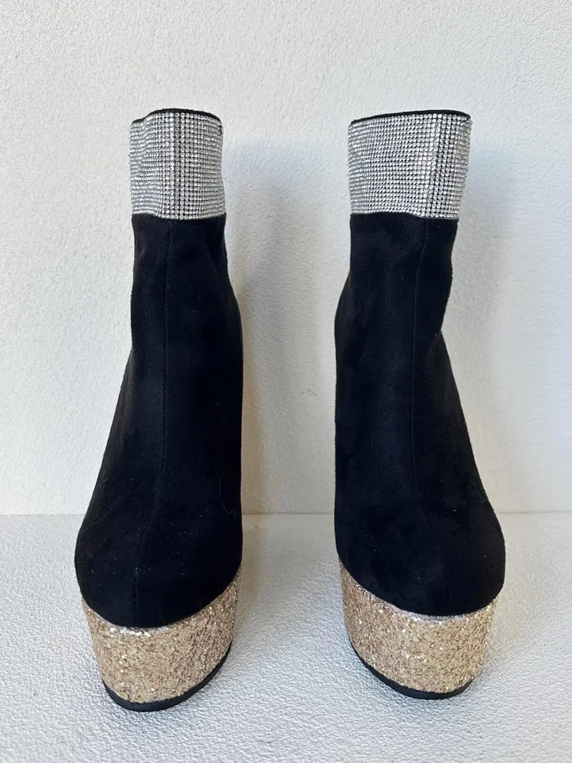 Frankie Hsu Handmade Platform Wedge Bootie, Black Suede Gold Glitter Rhinestone High Heeled Designer, Large Big Size US5-19 Unisex Shoes For Women Men