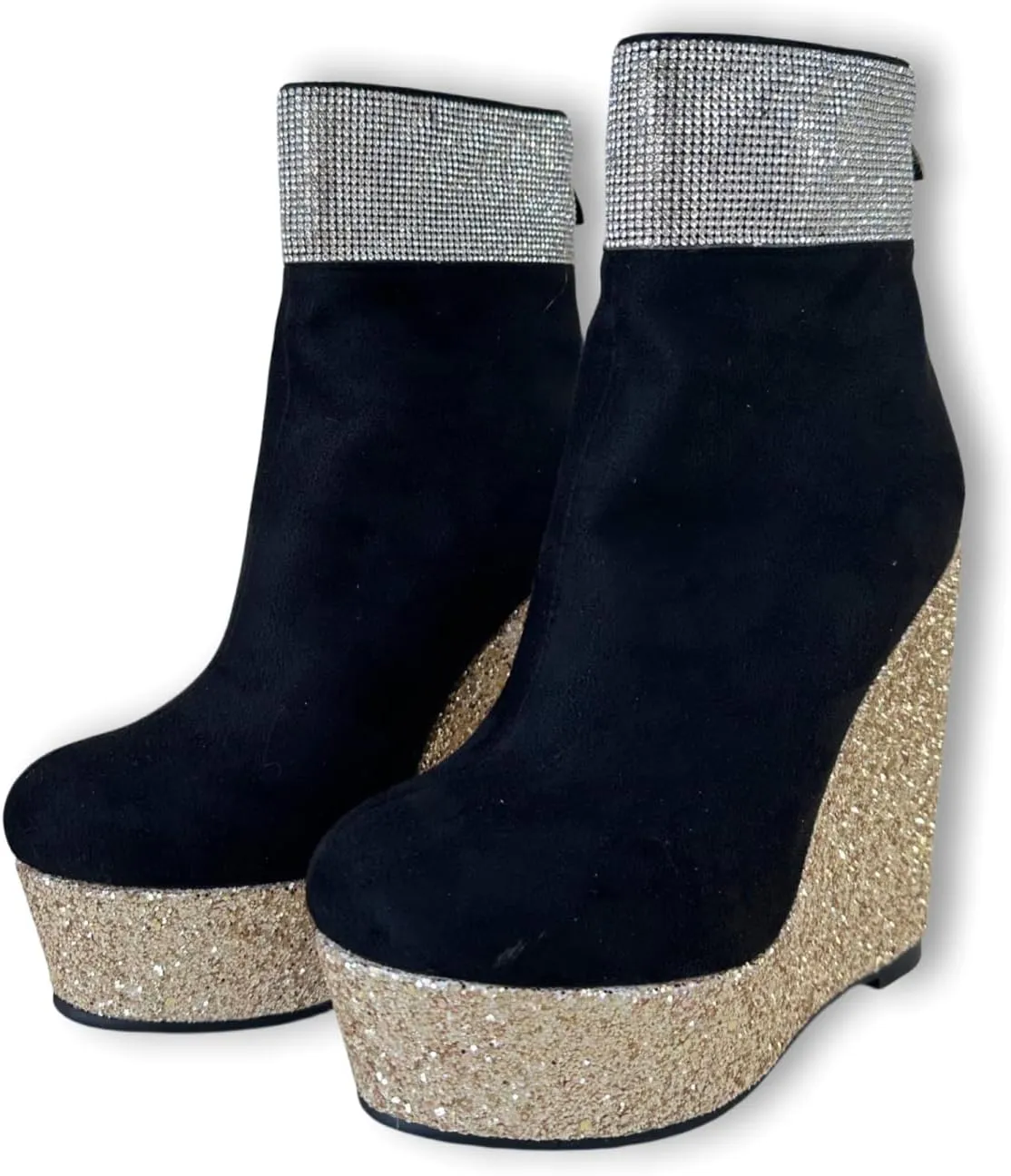 Frankie Hsu Handmade Platform Wedge Bootie, Black Suede Gold Glitter Rhinestone High Heeled Designer, Large Big Size US5-19 Unisex Shoes For Women Men
