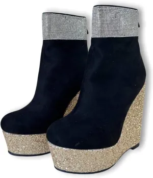 Frankie Hsu Handmade Platform Wedge Bootie, Black Suede Gold Glitter Rhinestone High Heeled Designer, Large Big Size US5-19 Unisex Shoes For Women Men