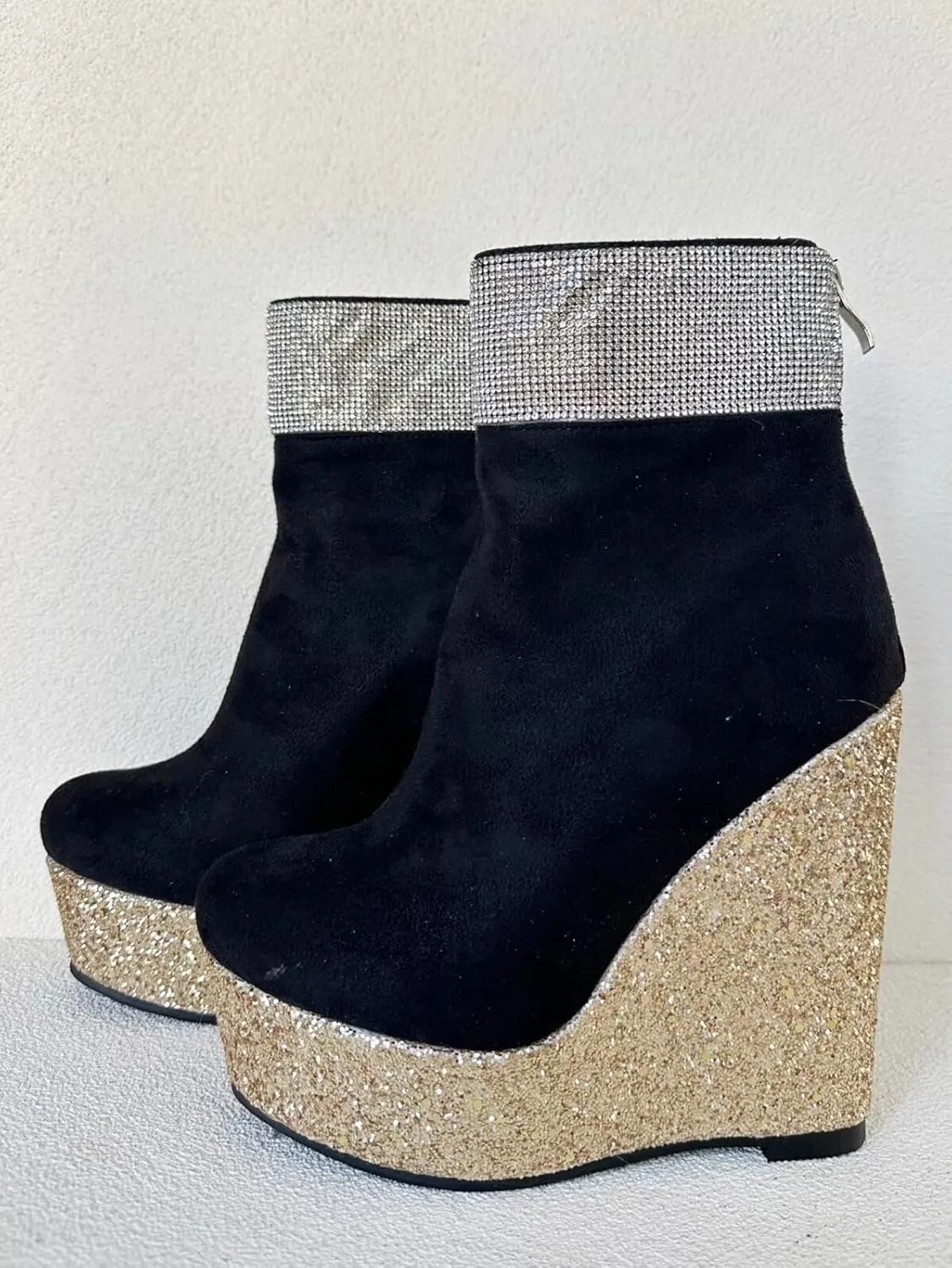 Frankie Hsu Handmade Platform Wedge Bootie, Black Suede Gold Glitter Rhinestone High Heeled Designer, Large Big Size US5-19 Unisex Shoes For Women Men