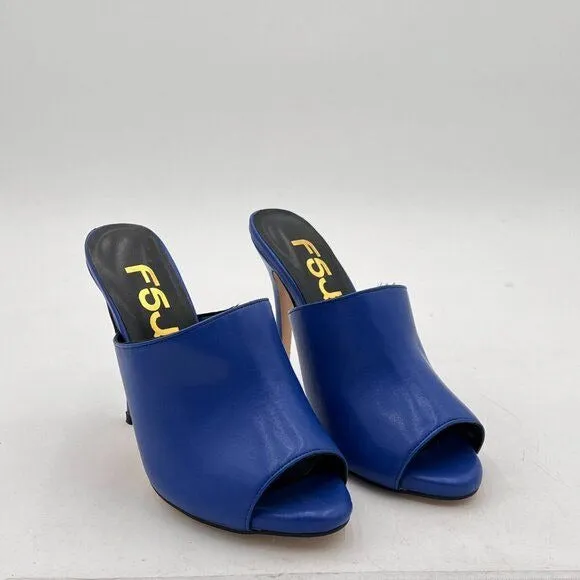FSJ Blue Open Peep Toe Mule Sandals Wide Strap Slide Slippers Stiletto High Heel