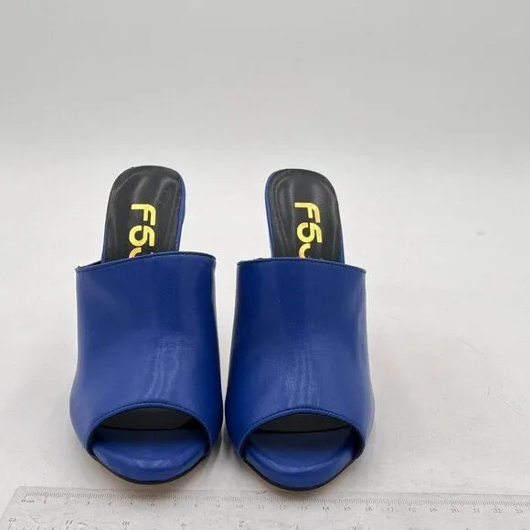 FSJ Blue Open Peep Toe Mule Sandals Wide Strap Slide Slippers Stiletto High Heel