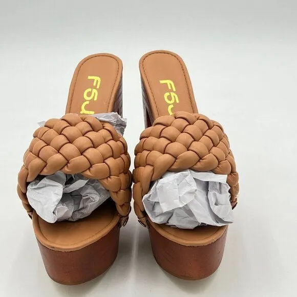 FSJ Brown Open Toe Chunky High Heel Sandal Woven Slip On Mule Platform Slipper