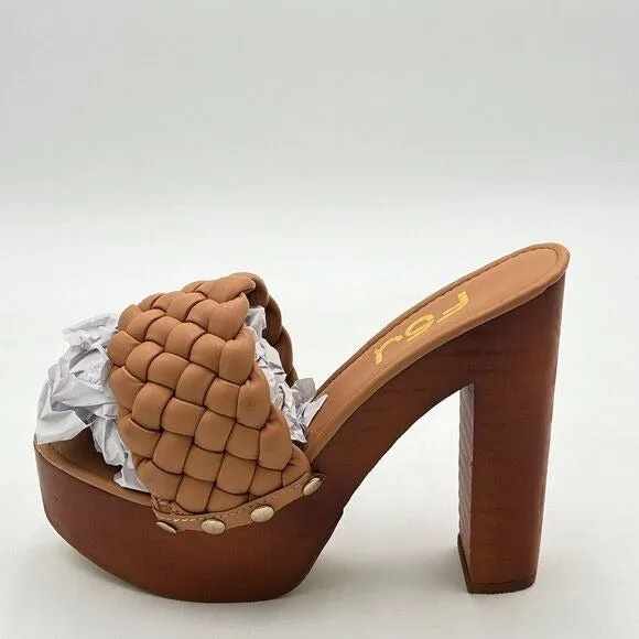 FSJ Brown Open Toe Chunky High Heel Sandal Woven Slip On Mule Platform Slipper