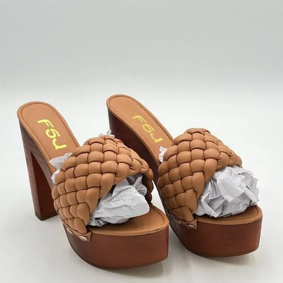 FSJ Brown Open Toe Chunky High Heel Sandal Woven Slip On Mule Platform Slipper