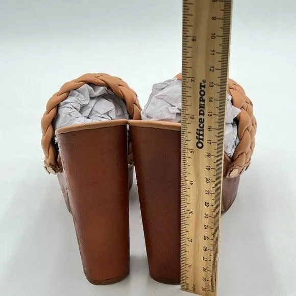 FSJ Brown Open Toe Chunky High Heel Sandal Woven Slip On Mule Platform Slipper