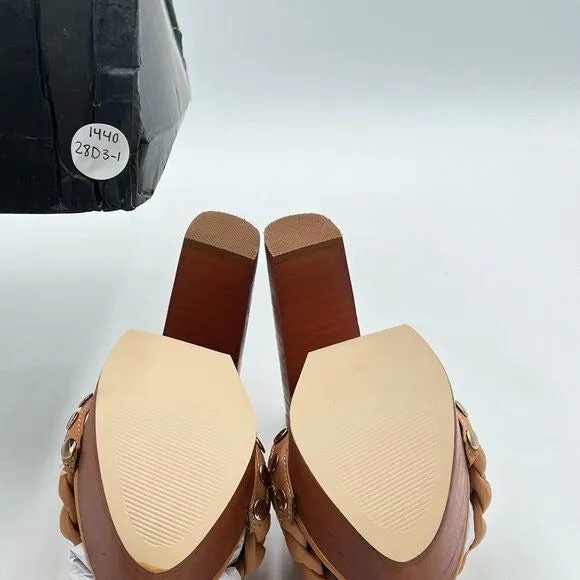 FSJ Brown Open Toe Chunky High Heel Sandal Woven Slip On Mule Platform Slipper