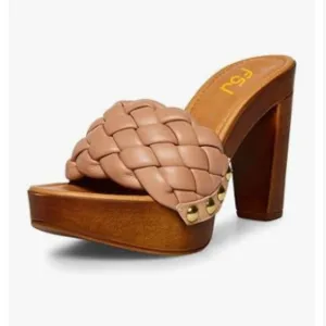 FSJ Brown Open Toe Chunky High Heel Sandal Woven Slip On Mule Platform Slipper