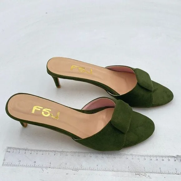 FSJ Olive Green Suede Peep Toe Kitten Heels Backless Summer Sandal Slide On Mule