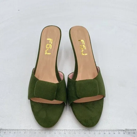 FSJ Olive Green Suede Peep Toe Kitten Heels Backless Summer Sandal Slide On Mule