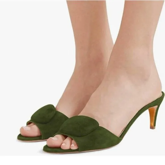 FSJ Olive Green Suede Peep Toe Kitten Heels Backless Summer Sandal Slide On Mule