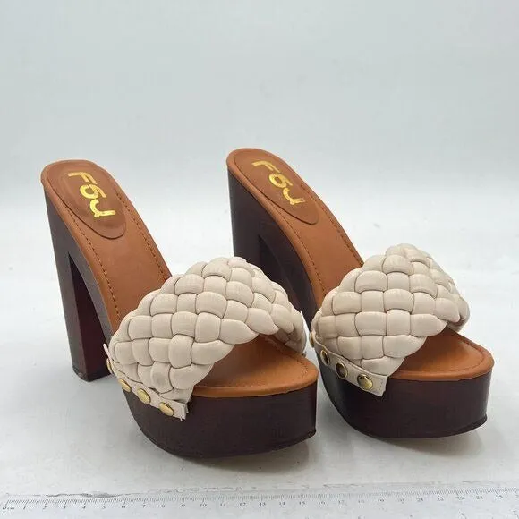 FSJ White Braided Open Toe Chunky High Heel Sandal Platform Casual Slide Slipper