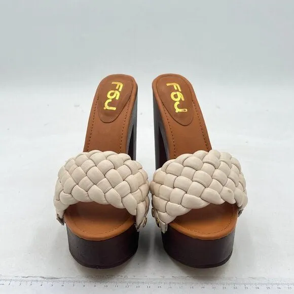 FSJ White Braided Open Toe Chunky High Heel Sandal Platform Casual Slide Slipper