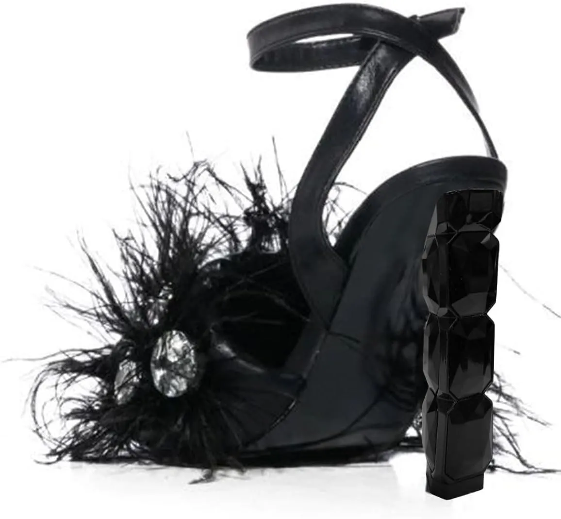 FSJ Women Crystal Chunky High Heel Sandals Open Square Toe Ankle Strap Buckle Clear Block Heel Fur Feather Cute Sparkly Dance Shoes Size 4-16 US