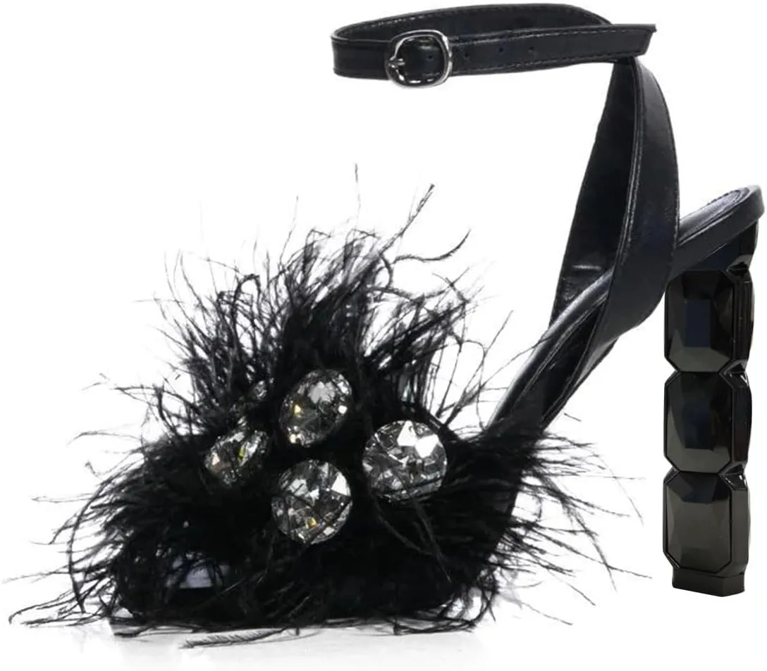 FSJ Women Crystal Chunky High Heel Sandals Open Square Toe Ankle Strap Buckle Clear Block Heel Fur Feather Cute Sparkly Dance Shoes Size 4-16 US